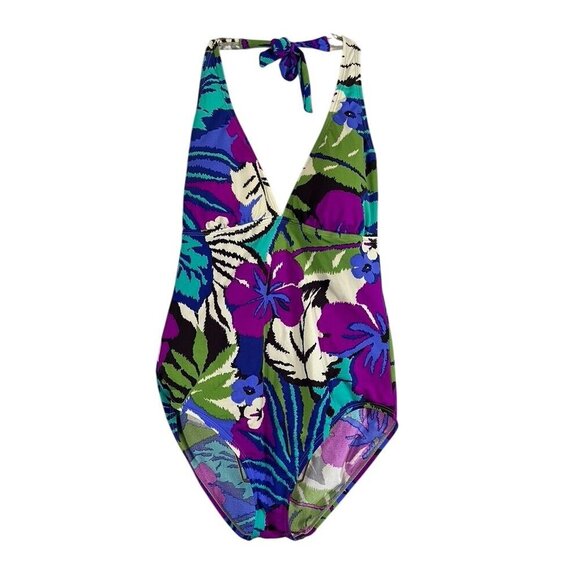 Speedo Swim Women 14 Purple Floral One Piece Tropical Tie Neck Open Back Travel - Picture 1 of 11